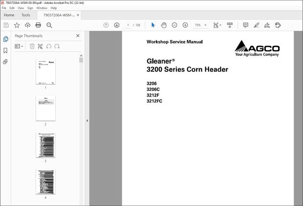 Gleaner NA Harvesting 3200 Series 3206 3206C 3212F 3212FC Corn Header Service Manual 79037206A – PDF