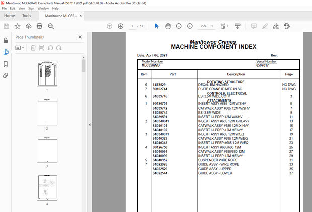 Manitowoc Crane MLC650WB Parts Manual 6507017 PDF