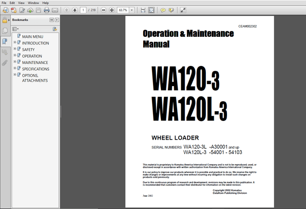 Komatsu WA120-3 WA120L-3 Wheel Loader Operation &amp; Maintenance Manual  - PDF