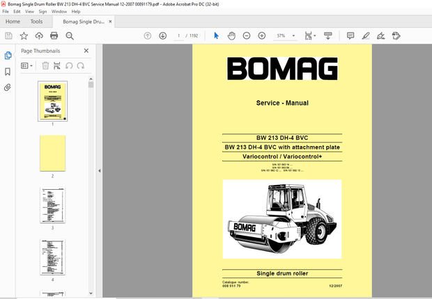 Bomag BW 213 DH-4 BVC BW 213 DH-4 BVC plate Variocontrol+ drum roller Service Manual 00891179 PDF