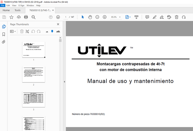 UTILEV Montacargas contrapesadas de 4t-7t con motor de combustión interna Manual de uso PDF