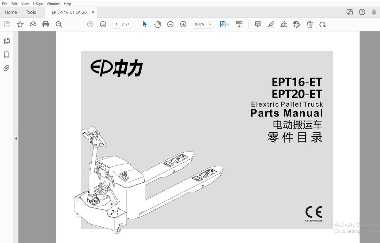 EP EPT16-ET EPT20-ET Electric Pallet Truck Forklift Parts Manual – PDF ...