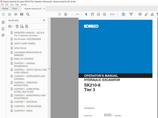 Kobelco SK210-8 Tier 3 ROPS Crawler Excavator Operator’s Manual – PDF DOWNLOAD