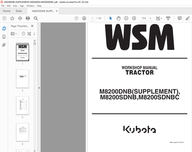 Kubota Tractor M8200DNB (SUPPLEMENT) M8200SDNB M8200SDNBC Workshop Manual – PDF DOWNLOAD