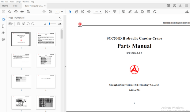 Sany SCC500D Hydraulic Crawler Crane Parts Manual – PDF DOWNLOAD
