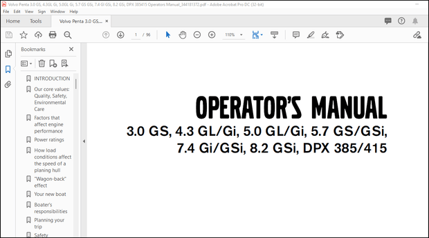 Volvo Penta 3.0 GS, 4.3GL Gi, 5.0GL Gi, 5.7 GS GSi, 7.4 GI GSi, 8.2 GSi, DPX 385415 Operators Manual