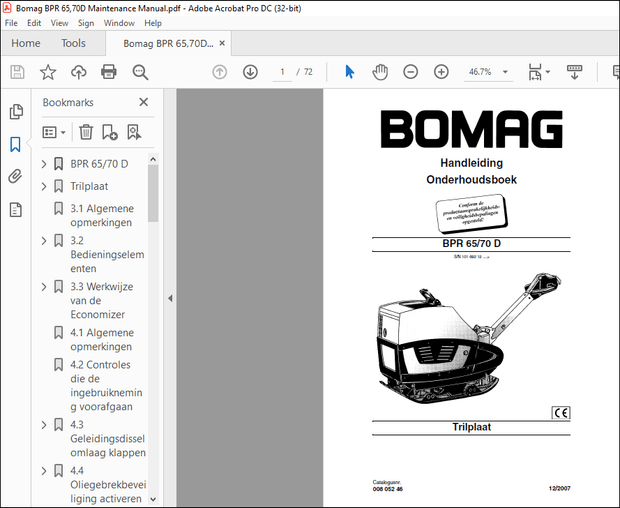 Bomag Trilplaat BPR 65 70 D Onderhoudsboek Handleiding – PDF DOWNLOAD (Dutch)