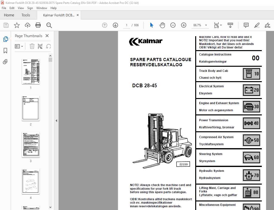 Kalmar DCB 2845 Spare Parts Catalogue Manual 920936.0075 PDF DOWNLOAD