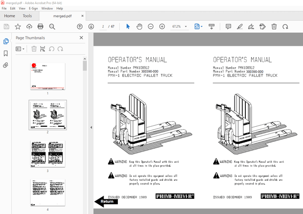 BT Prime-Mover PMX-1 Electric Pallet Truck Operator&#x27;s Manual - PDF DOWNLOAD