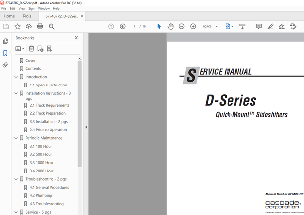 Cascade D-Series Quick-Mount Sideshifters Service Manual 677487-R2 - PDF DOWNLOAD