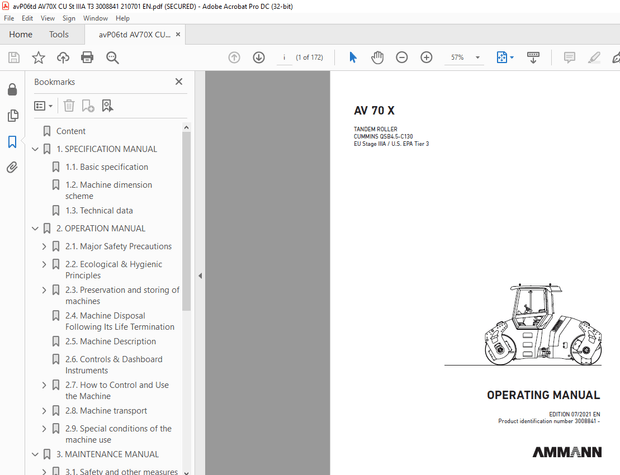 Ammann AV 70 X Tandem Roller Operating Manual SN 3008841 - PDF