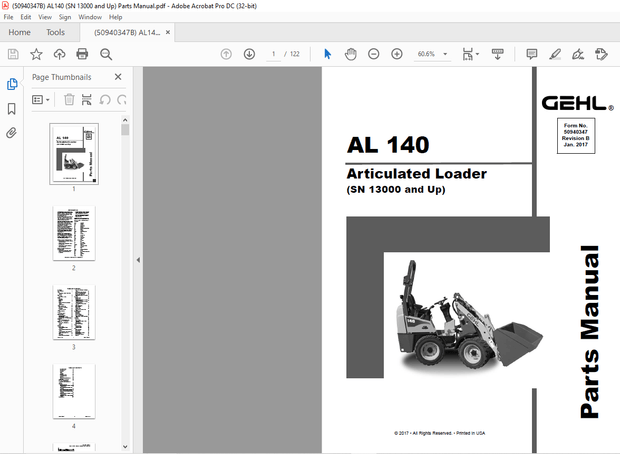 Gehl AL140 Articulated Loader (SN 13000 and Up) Parts Manual 50940347B – PDF DOWNLOAD
