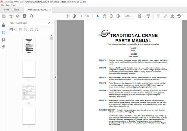 Manitowoc Traditional Crane 3900W Parts Manual SN 395016 – PDF DOWNLOAD