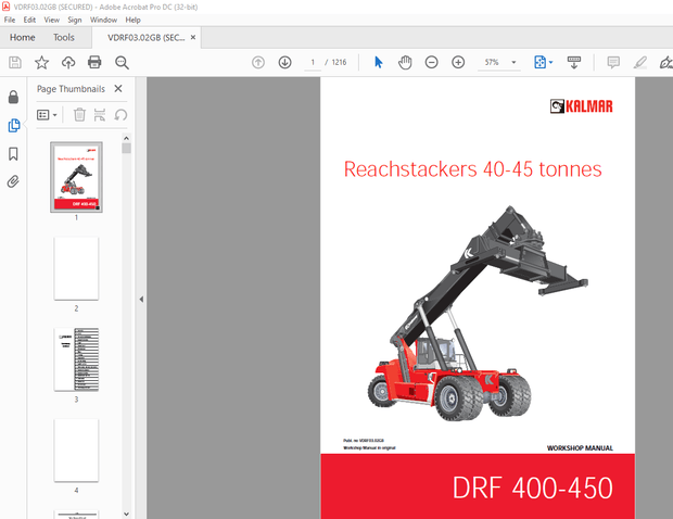Kalmar DRF 400-450 Reachstackers 40-45 Tonnes Workshop Manual VDRF03.02GB – PDF DOWNLOAD