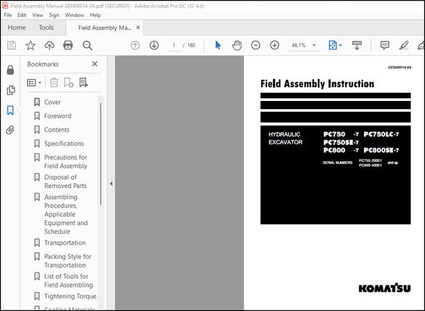 Komatsu HYDRAULIC EXCAVATOR PC750 -7 PC750SE-7 PC800-7 PC750LC-7 PC800SE-7 Field Assembly Manual PDF