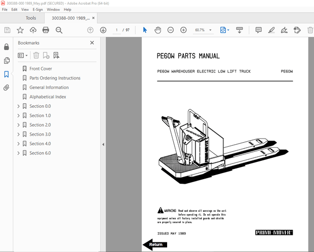 BT Prime Mover PE60W Warehouser Electric Low Lift Truck Parts Manual - PDF DOWNLOAD