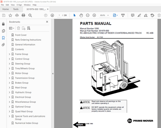 BT-Prime Mover RC-40B Electric Stand-up Rider Counterbalanced Truck Parts Manual - PDF DOWNLOAD