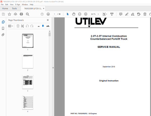 UTILEV 2.0T-3.5T Internal Combustion Counterbalanced Forklift Truck Service Manual PDF