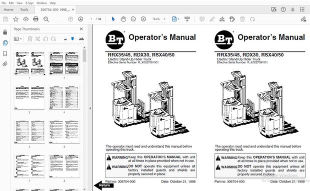 BT FORKLIFT RRX35/45, RDX30, RSX40/50 OPERATOR&#x27;S MANUAL 306754-000 - PDF DOWNLOAD