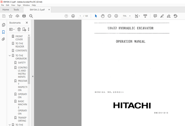 Hitachi Hydraulic Excavator UH033 Operation Manual(EM104-2-3) – PDF DOWNLOAD