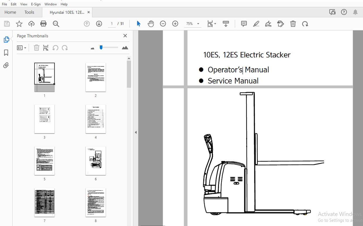 Hyundai 10ES, 12ES Electric Stacker Operators & Service Manual – PDF