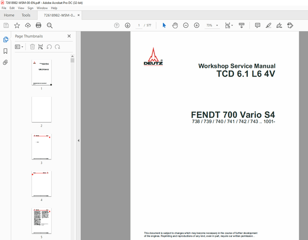 DEUTZ TCD 6.1 L6 4V FENDT 700 Vario S4 738 /739 / 740 / 741 / 742 / 743 Workshop Service Manual - PD