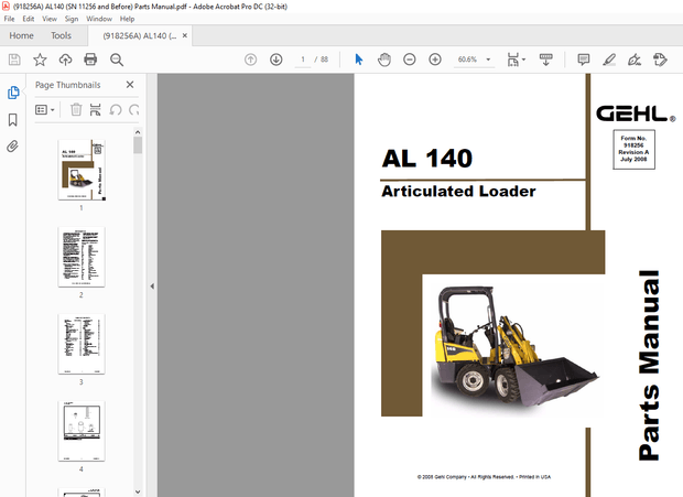 Gehl AL140 Articulated Loader Parts Manual 918256 – PDF DOWNLOAD