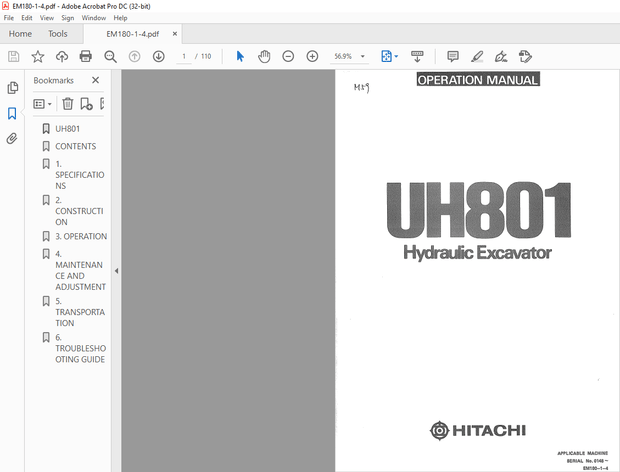 Hitachi Hydraulic Excavator UH801 Operation Manual(EM180-1-4) – PDF DOWNLOAD