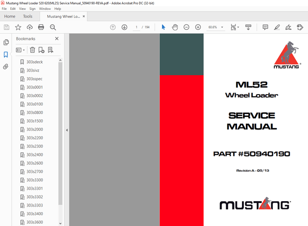 Mustang Wheel Loader ML52 Service Manual(50940190) – PDF DOWNLOAD