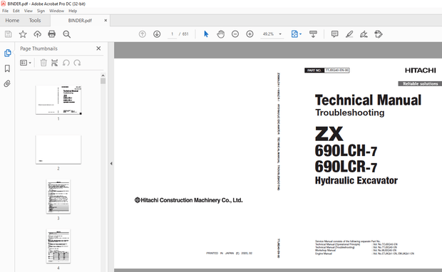 Hitachi ZX 690LCH-7 690LCR-7 Hydraulic Excavator Troubleshooting Technical Manual PN:TTJBQ40 - PDF 