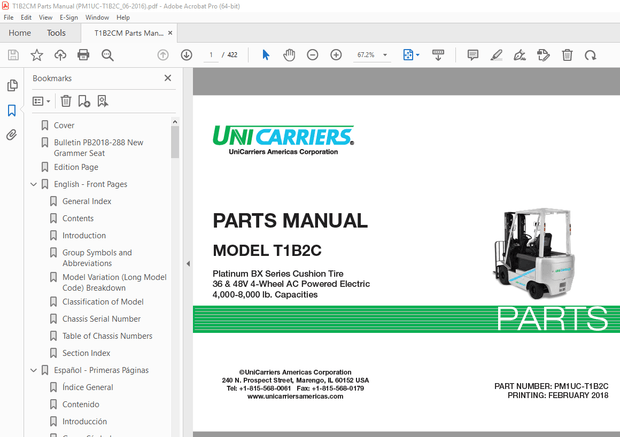 Unicarriers Forklift T1B2C Parts Manual PN PM1UC-T1B2C - PDF DOWNLOAD