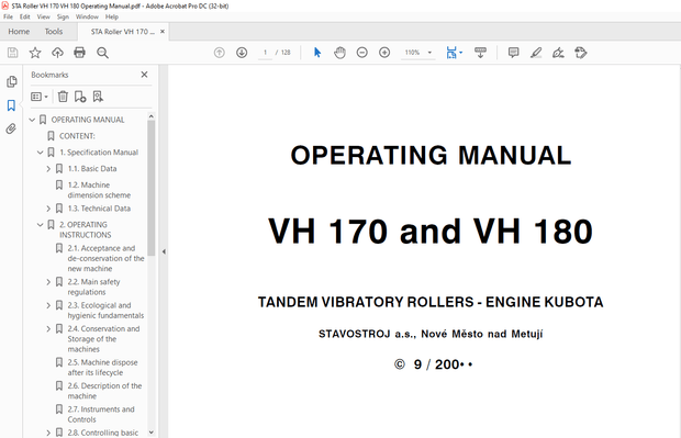 STA ROLLER VH 170 &amp; VH 180 TANDEM VIBRATORY ROLLERS ENGINE KUBOTA OPERATING MANUAL – PDF DOWNLOAD