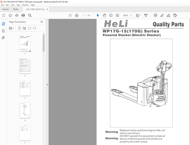 Heli Forklift WP17G-15(170G) Series Powered Stacker (Electric Stacker) Parts Manual – PDF DOWNLOAD