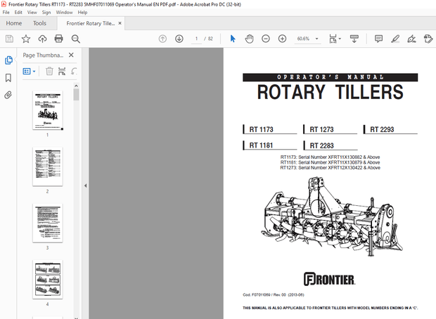 Frontier Rotary Tillers RT 1173 RT 1273 RT 2293 RT 1181 RT 2283 Operator’s Manual(F07011069) – PDF 