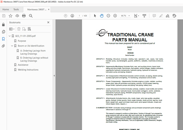 Manitowoc Traditional Crane 3900T Parts Manual SN 399048 - PDF
