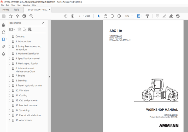 Ammann ARX 110 Tandem Roller Workshop Manual 3027372 PDF