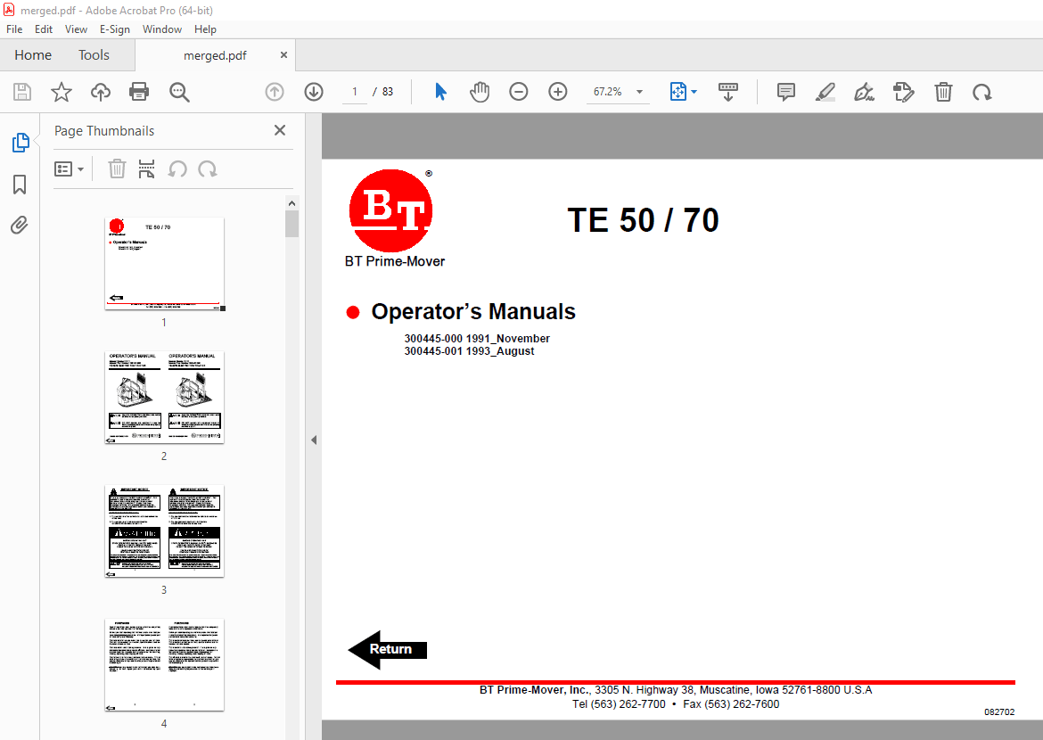 BT Prime-Mover TE-50 TE-70 Electric Tow Tractor Operator's Manual - PDF ...