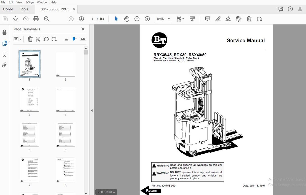 BT FORKLIFT RRX35/45, RDX30, RSX40/50 SERVICE MANUAL 306756-000 - PDF ...