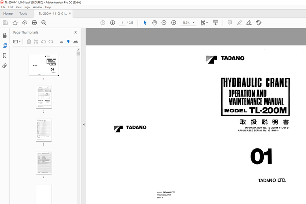 Tadano Hydraulic Crane TL·200M Operation and Maintenance Manual -PDF