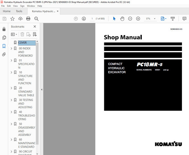 Komatsu PC18MR-5 Compact Hydraulic Excavator Shop Manual SEN06803-03 – PDF DOWNLOAD