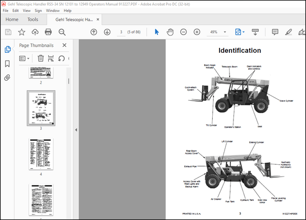 Gehl RS5-34 Telescopic Handler Operator&#x27;s Manual 913227 - PDF DOWNLOAD