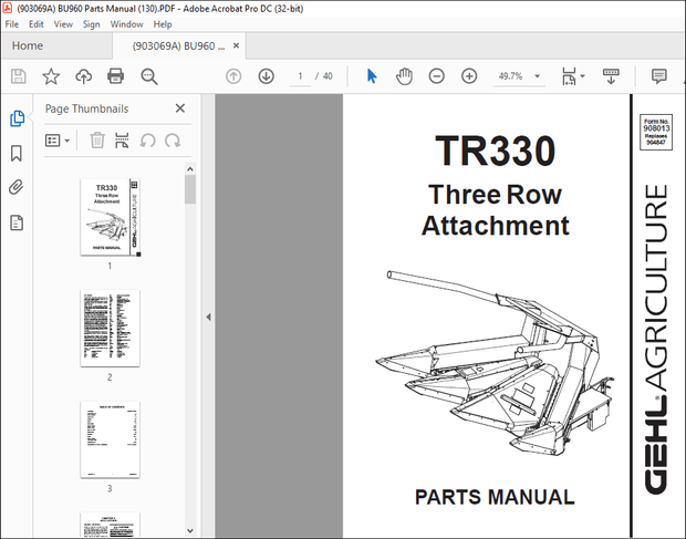 Gehl TR330 Three Row Attachment Parts Manual(908013) – PDF DOWNLOAD