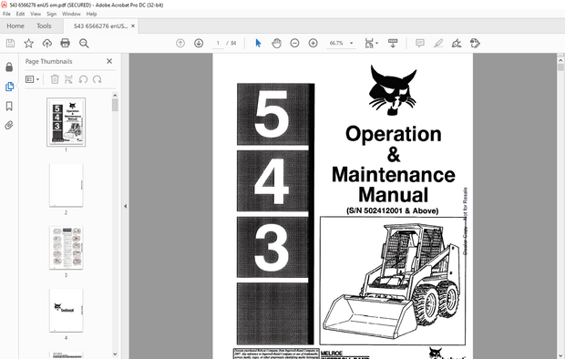 Bobcat 543 Loader Operation &amp; Maintenance Manual SN 502412001 &amp; Above - PDF DOWNLOAD
