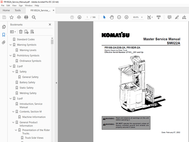 Komatsu Forklift FR18S-2A/23S-2A, FR15DR-2A Master Service Manual SM022A  - PDF DOWNLOAD