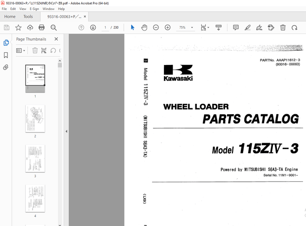 Kawasaki WHEEL LOADER 115ZIV-3 MITSUBISHI S6A3-TA Engine Parts Manual  – PDF DOWNLOAD