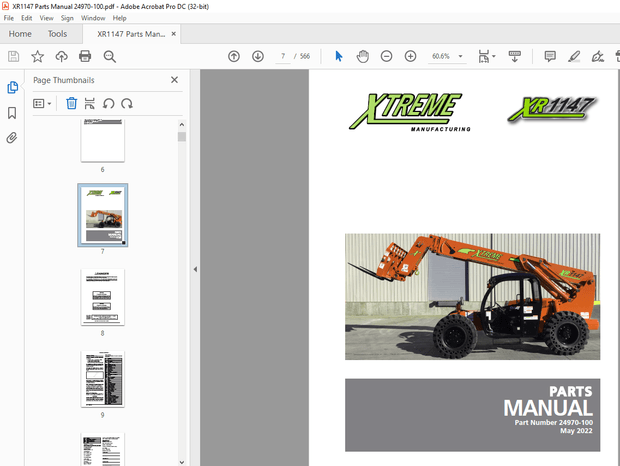 Xtreme XR1147 Telehandler Parts Manual 24970-100 – PDF DOWNLOAD
