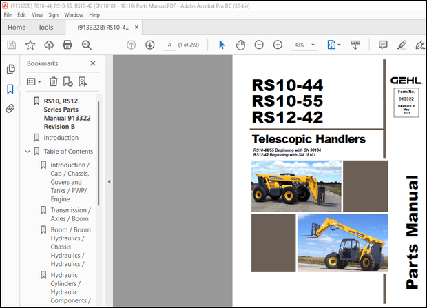 GEHL RS10-44 RS10-55 RS12-42 Telescopic Handlers Parts Manual(913322) – PDF DOWNLOAD
