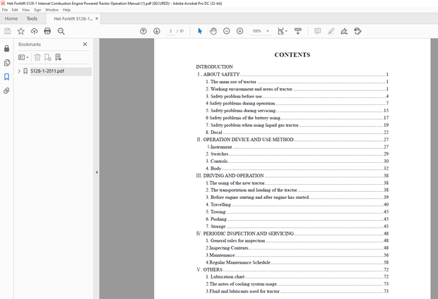 Heli Forklift S128-1 Internal Combustion Engine Powered Tractor Operation Manual – PDF DOWNLOAD