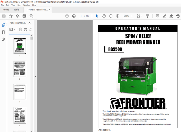 Frontier Reel Mower Grinder RG5500 Operator’s Manual(5NTRG5507903) – PDF DOWNLOAD