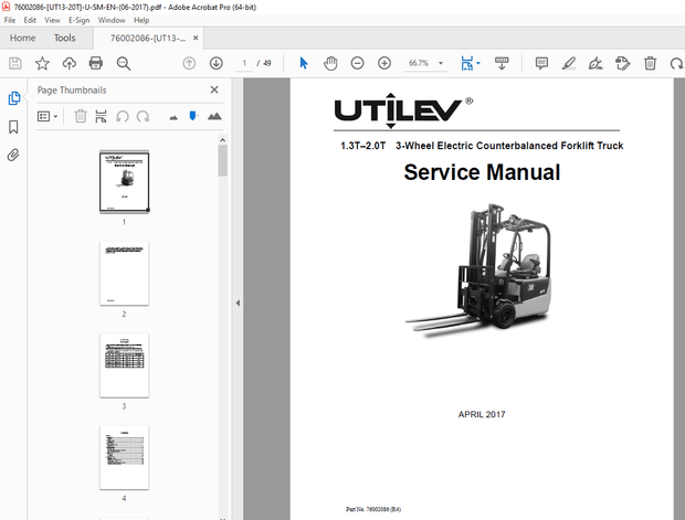 UTILEV 1.3T-2.0T 3-Wheel Electric Counterbalanced Forklift Truck Service Manual - PDF